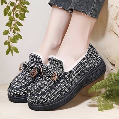 Zapatos de mujer tipo mocasín con estampado de pata de gallo, forrados térmicamente gruesos y cálidos para todo el año, de confort, a cuadros en blanco y negro - Calzado casual y semiformal para invitadas de boda, zapatos para mujeres de talla grande con estampado floral, calzado de mujer