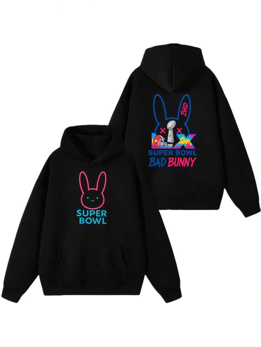 Rapper Bads Bunnys Supers Bowls 2025 Double Sided Print Hoodies Men Women Fleece Casual Sweatshirt Unisex Harajuku Casual Streetwear - 黑色 - 查看 1