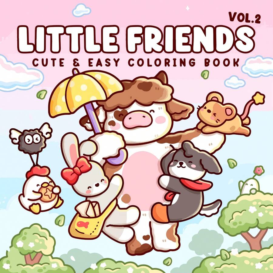 48 Pages 245g Thick Paper "Little Friends" Vol.2 Coloring Book: Adorable And Simple Art Book, Cover Features Charming Cow And Animal Companions (Umbrella, Rabbit, Puppy, Etc.) - An Ideal Choice For Adults To Relax And Relieve Stress, Suitable For Stationery, School Supplies, And As A Gift For Girls, Valentine's Day, New Year - Little Friends 2 - View 1