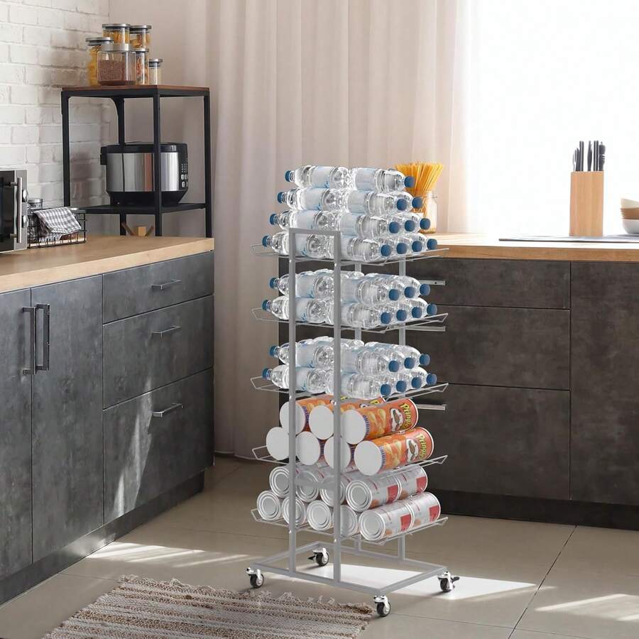 5-Tier Rolling Water Bottle Organizer Rack With Wheels, Freestanding Drink Storage Holder, Space-Saving Beverage Storage For Pantry Kitchen Living Room Office - Silver - View 1