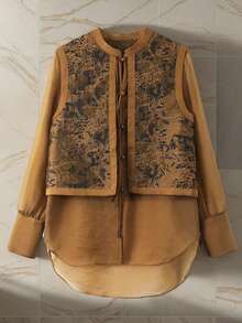 JIANHU Elegant Jacquard Patchwork Khaki 2 In 1 Shirt, Autumn - Coffee Brown - View 2