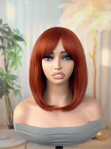 16 Inch Light Straight Bob Wig With Bangs Synthetic Wig Realistic Short Black Bob Wigs, Cut Bob Wig Glueless - Multicolor - View 11