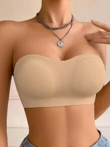 無縫無肩帶無鋼圈Bralette，側開扣交叉後背，柔軟墊片不透視抹胸內衣，適合日常與無肩帶洋裝穿著 - 駝色 - 查看 6