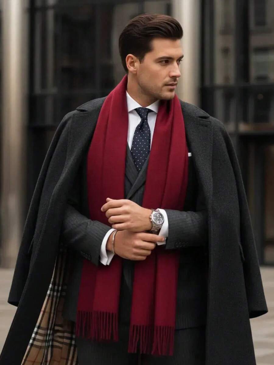 1pc Fashionable & Elegant Solid Color Wool Warm Pashmina Scarf, Unisex Casual Fringed Cold-Proof Shawl, Suitable For Daily Wear, Autumn/Winter - Burgundy - View 1