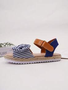 1 Pair Cute Bow Striped Thick-Sole Breathable Linen Rope Children's Durable Sandals For Girls - Blue and White - View 6