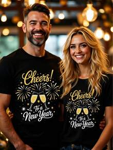 Women's New Year Printed Short Sleeve T-Shirt, Fashionable And Comfortable Holiday Party Outfit, Black Top For Summer