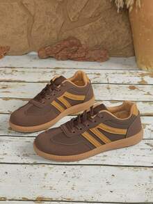 女士多功能时尚休闲鞋，平底系带圆头橡胶底休闲运动鞋，黑卡其色拼接，日常百搭鞋款，尺码36-41，时尚百搭 - 卡其色 - 查看 14