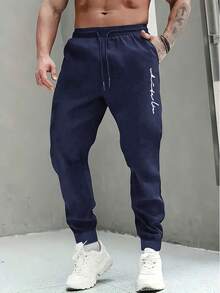 Father's Day Gift, Men's Drawstring Waist Solid Color Sweatpants, Long Length Printed Sweatpants, Basic Black Fitness Pants - Blue - View 3