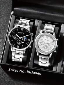 2pcs/4pcs Couple Watches Set, Men's Business Calendar Quartz Wrist Watch, Fashion Crystal Quartz Watch & Bracelet Suit, Suitable For Daily Wear, Back To School, Graduation, Thanksgiving, Couples, Best Gift. No Watch Box Included. - A - View 9