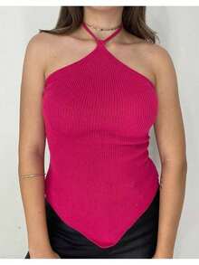Cropped Ribbed Modal Women's Plain Halter Summer Tie Neck Knit Moura Tricot - Rose Red - View 2