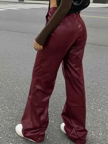 Women Spring American Stylish Glossy Coated Straight Leg High Waist Fashion Casual Faux Leather Wide Leg Pants - Burgundy - View 3
