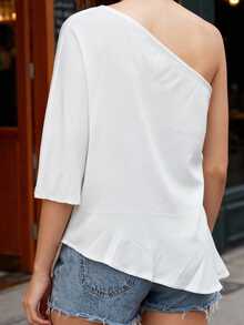 Women's Off One Shoulder Tops Fashionable Solid Color Dolman Sleeve Loose Fit Shirts - White - View 6