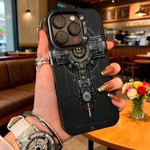 Carcasa de telefono con diseño steampunk negra con impresion de maquina mecanica y texto 3000 para uso diario en cafeterias - Blanco - Ver 3