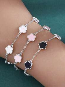 3pcs/Set Women Elegant Lucky Flower Bracelet Set, Black White Pink Color Combination, Fashion & Casual, Suitable For Daily Wear - Multicolor - View 12