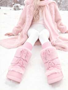 Knee High Boots For Women,Fuzzy Flat Round Toe Rhinestone Lace-Up Slip On Warm Shoes Winter Outdoor Party Chirstmas And Halloween Snow Boots - 粉色 - 查看 2