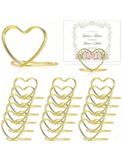 10pcs Gold Double-Layer Place Card Holders, Mini Heart Shaped Creative Wedding Party Table Decor