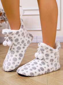 RALSWNAY 秋冬季女士波点图案毛绒保暖家居拖鞋，适合日常穿着，蓬松柔软，圣诞节搭配 - 白色 - 查看 8