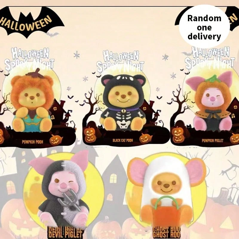 Miniso Disney Winnie The Pooh Pumpkin Spooky Night Flocked Blind Box Ornament, Halloween-Themed Cute Design, Flocked Material With Delicate Touch, Random Character, Desktop Decoration Collection, Holiday Gift For Disney Fans(1 PC Random Delivery)