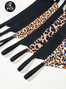 7条装性感豹纹混色丁字裤，低腰柔软G字裤，隐形透气T字后背无痕内裤，女士日常穿着内衣 - 彩色 - 查看 6