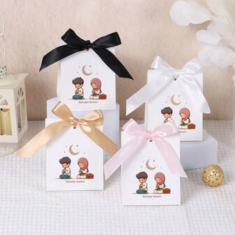 10 Pcs Multi-Colored Ribbon Bow; Ramadan Kareem Prayer Theme Cartoon Gift Box; For Sweets And Desserts; Creative Packaging Box Festive Gifts