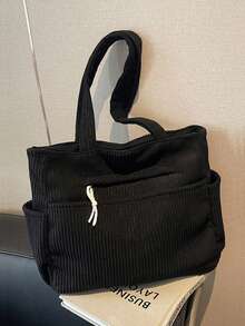 Large Capacity Fashion Shoulder Tote Bag, Soft Corduroy Fabric, With Side Pockets & Multiple Compartments, Zipper Closure, Suitable For Short Trips, Commuting, Daily Use Laptop Bag Beach Weekend Bag Bag For School College Beach Bag