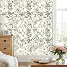 1 Roll Elegant Vintage Floral Self-Adhesive Wallpaper, Peel And Stick Wall Paper, Black & White Line Drawing Peony & Bird Pattern On Beige Background, Suitable For Living Room TV Backdrop, Home Decor, Cabinet, Bookshelf, Furniture Renewal, 17.32in Wide, Renter-Friendly, DIY Customizable - Multicolor - View 4