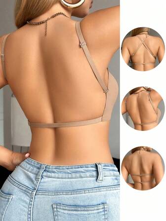 1pc Women's Casual Minimalist Solid Color Deep V-Neck Spaghetti Strap Backless Bralette, Comfortable & Suitable For Wedding Dress