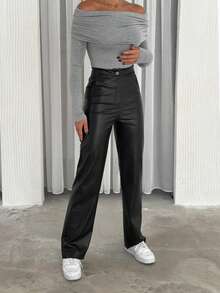 Women's Black PU Leather Wide Leg Pants, Casual Trousers With Zipper And Pockets, Medium Stretch Fabric - Black - View 2