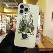 Cubierta de telefono con diseño de camping verde claro con tienda de campaña y taza de cafe para uso diario en cafes y viajes - Negro - Ver 3