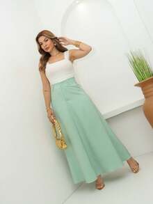 IN FASHION FEMININE High-Waisted Long Tailored Skirt - 青碧色 - 查看 3