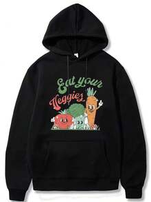 Retro "Eat Your Veggies" Happy Cartoon Vegetables Graphic Print Pure Cotton T-Shirt For Women - Black - View 6