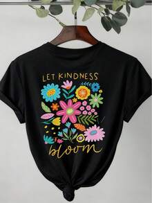 夏季上衣，让善意绽放，复古花朵，波西米亚花朵，花朵，休闲圆领上衣，女式图案 T 恤，夏季上衣，衬衫，女士夏季服装，夏季服装，女式图案 T 恤，女式上衣