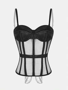 1pc Mesh Criss-Cross Strap Bustier Bodysuit With Cups - Black - View 3