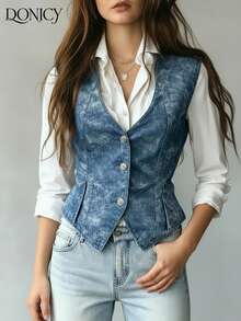DONICY 女士复古休闲纯色前扣腰背心，无袖正式西装外套，修身都市休闲复古风，适合春夏叠穿、街头、派对、约会等场合，情人节、狂欢节等节日也适用。 - 藍色 - 查看 5