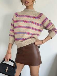 Women's Striped Contrast Color Knit Pullover Sweater, Long Sleeve, Suitable For Holiday, Vacation And Daily Wear, Spring/Autumn - Multicolor - View 2