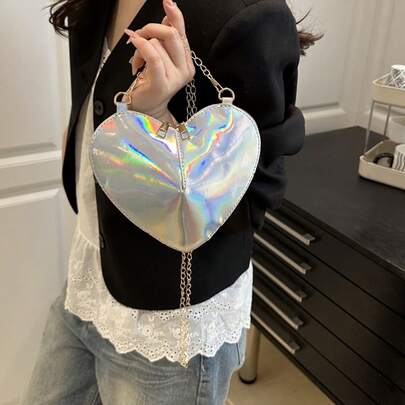 Women Small Crossbody Bag Metallic Heart Purse Lightweight Shoulder Purse With Long Strap