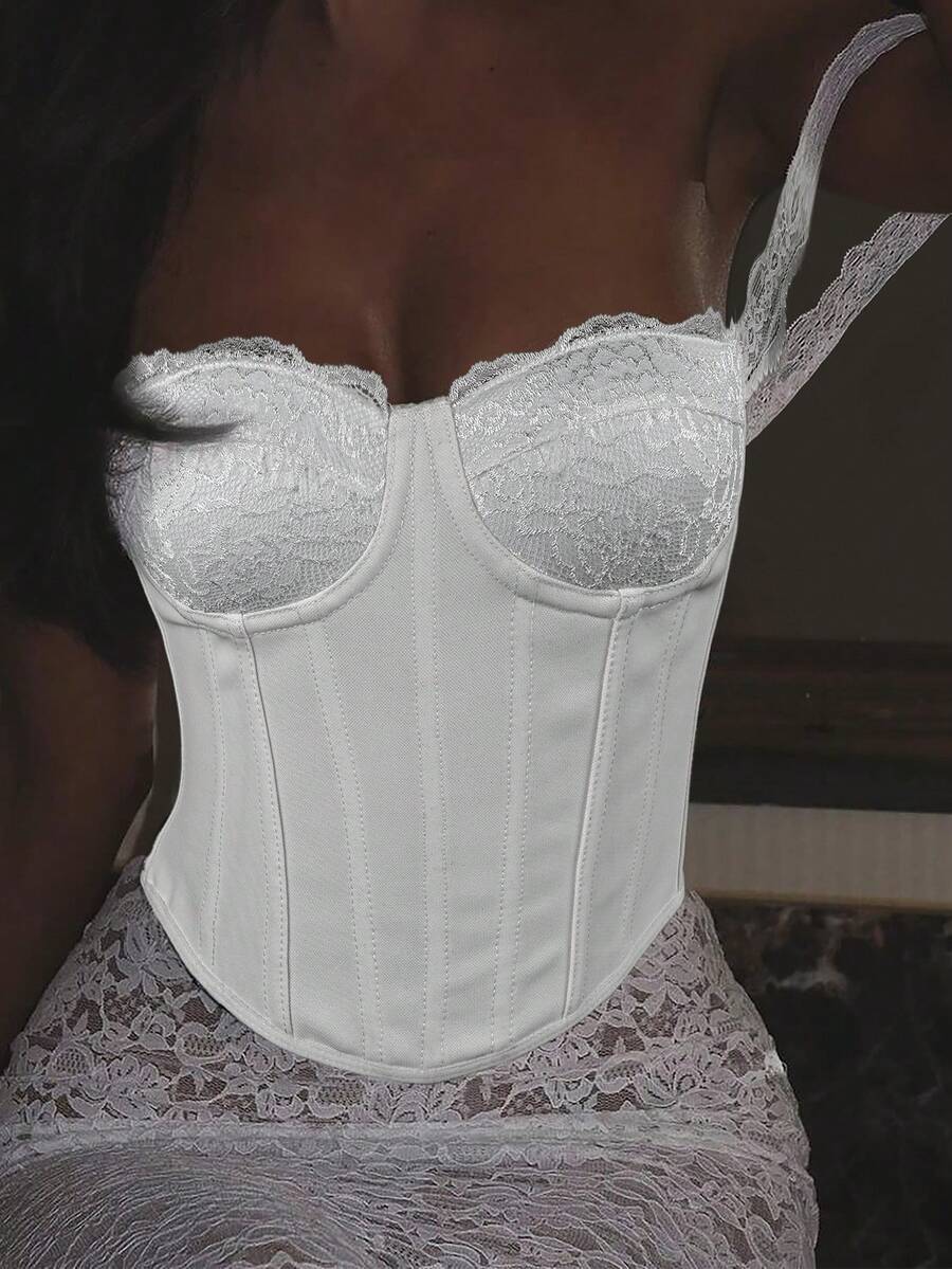 Apperloth A Áo corset ngắn thanh lịch, áo quây ren tương phản, dây buộc kim loại ở lưng, có gọng thép định hình eo, thích hợp cho nữ dịp Lễ Tình nhân, trang phục đi club mùa hè. Màu trắng. - trắng - Xem 1