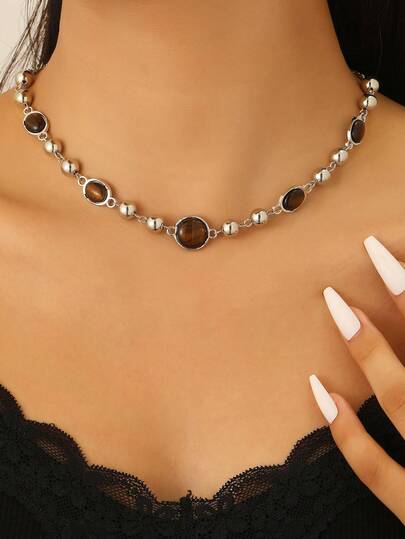 1pc Fashion Luxury Geometric Tiger Eye Beaded Chain Necklace, Suitable For Women's Daily And Holiday Wear