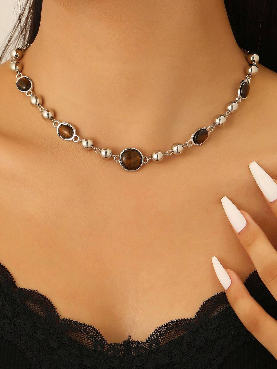 1pc Fashion Luxury Geometric Tiger Eye Beaded Chain Necklace, Suitable For Women's Daily And Holiday Wear - Silver - View 1