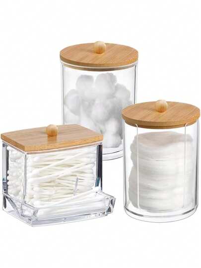 3 Packs Qtip Holder Dispenser For Bathroom Jar Storage Organization, Dressing Table Makeup Organization For Swabs, Balls, Pads, Dental Floss Picks (Clear)