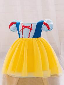 Baby Girls' Color Block Puff Sleeve Mesh Princess Dress, Suitable For Parties - Yellow - View 4