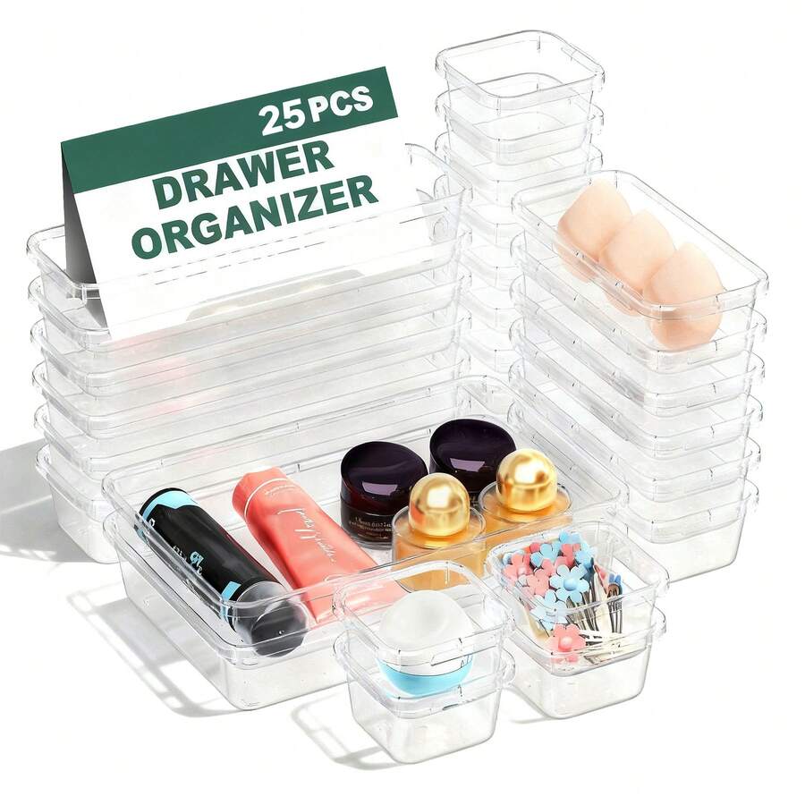 「5/7/14/18/24/26 Pc Clear Plastic Drawer Organizer Set - Durable PP Material」4 Sizes In Drawer Trays For Bathroom, Office, Kitchen Cabinet & Vanity Organizers, Desk Bins For Jewelry, Cosmetic, Utensil PP Construction For Back To School/Dormitory Storage & Festive Gift Ideas - 透明5pc抽屜收納盒 - 查看 1