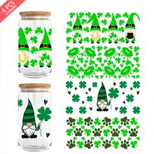 4片装圣帕特里克节幸运图案UV DTF杯贴，适用于16盎司利比玻璃杯 - 防水3D水晶转印贴纸，可用于DIY手工制作、马克杯、笔记本电脑等 - 多色-款式3 - 查看 1