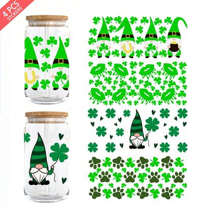 4片装圣帕特里克节幸运图案UV DTF杯贴，适用于16盎司利比玻璃杯 - 防水3D水晶转印贴纸，可用于DIY手工制作、马克杯、笔记本电脑等