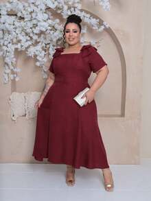Women's Plus Size Midi Dress With Lined Square Neckline, Short Sleeves, Shoulder Tie, Padded Cups And Elastic Back In Duna Linen - Elegant Fashion Party Dress - 酒紅色 - 查看 4