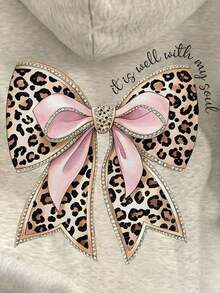 Women's Leopard Print Bow Decor Dropped Shoulder Hoodie Sweatshirt,Graphic Hoodie, Comfy Loose Fit - Perfect For Game Day & Valentine's Day - Xám nhạt 3 - Xem 5