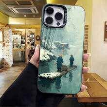 Cubierta de telefono con diseño de paisaje invernal azul con personas caminando sobre el hielo para iPhone 14 Pro Max adecuada para uso diario en cafeterias y salas de estar - Negro - Ver 4