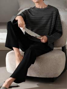 AICJ 男士休闲宽松睡衣套装（两件套），条纹圆领长袖套头衫和长裤，针织面料，适合派对、居家、旅行、春秋冬三季穿着。