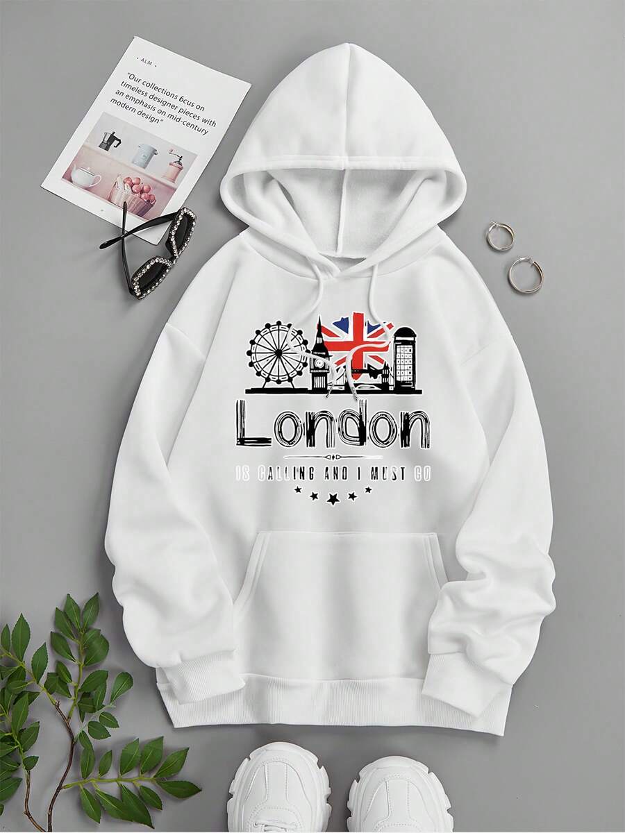 "London Is Calling And I Must Go" Vintage-Style London Skyline & Union Jack Graphic Print Women's 180g Pure Cotton T-Shirt - 白色 - 查看 1