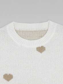 Plus Size Women Casual Loose Heart Pattern Drop Shoulder Long Sleeve Sweater White - White - View 8